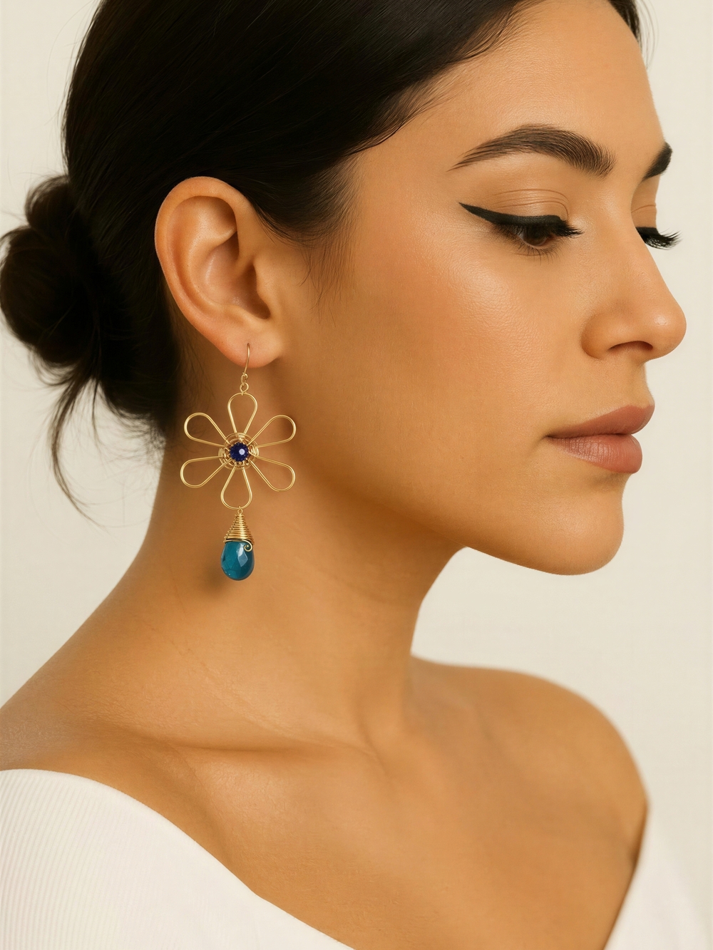 Gold Flower Drop Earrings with Teal Gem